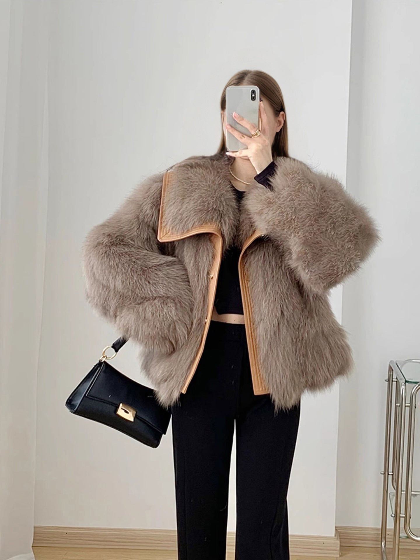 Fox Pattern British Style Faux Fur Coat With Lapel Collar, Made Of Polyester Featuring Contrast Faux Fur