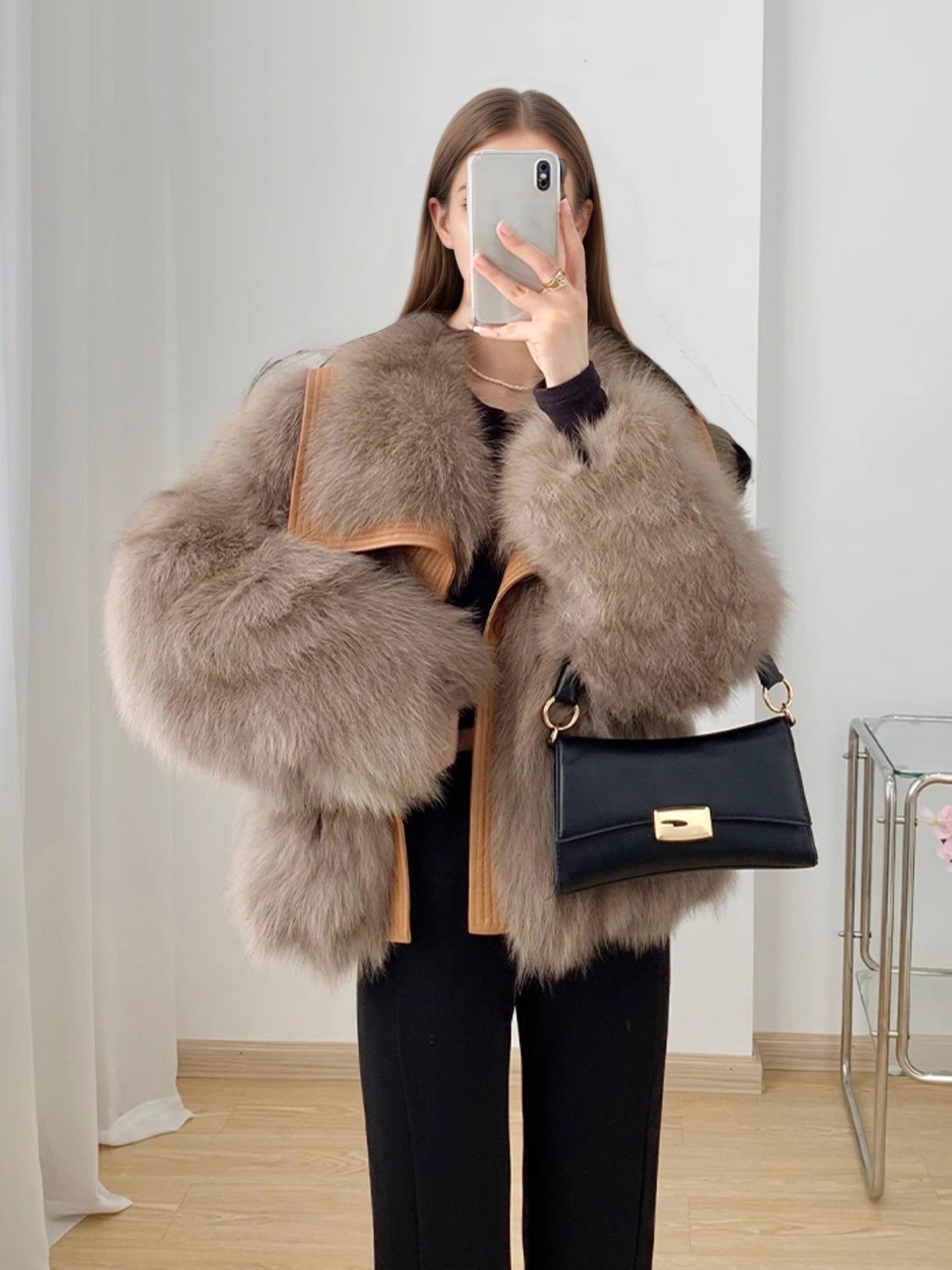 Fox Pattern British Style Faux Fur Coat With Lapel Collar, Made Of Polyester Featuring Contrast Faux Fur