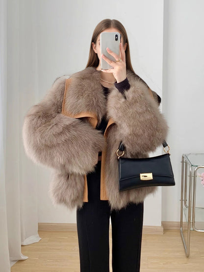Fox Pattern British Style Faux Fur Coat With Lapel Collar, Made Of Polyester Featuring Contrast Faux Fur
