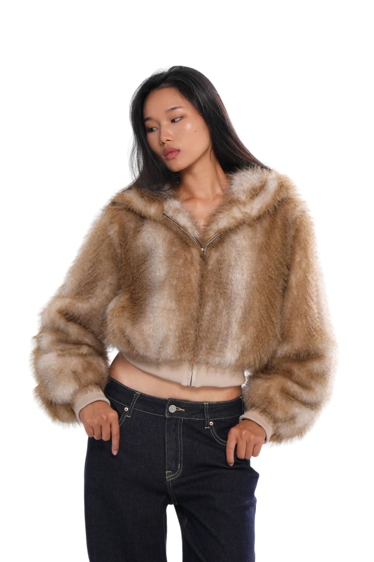 Elegant Fox Pattern Zipper Coat Jacket In Polyester Fabric Featuring Practical Pockets