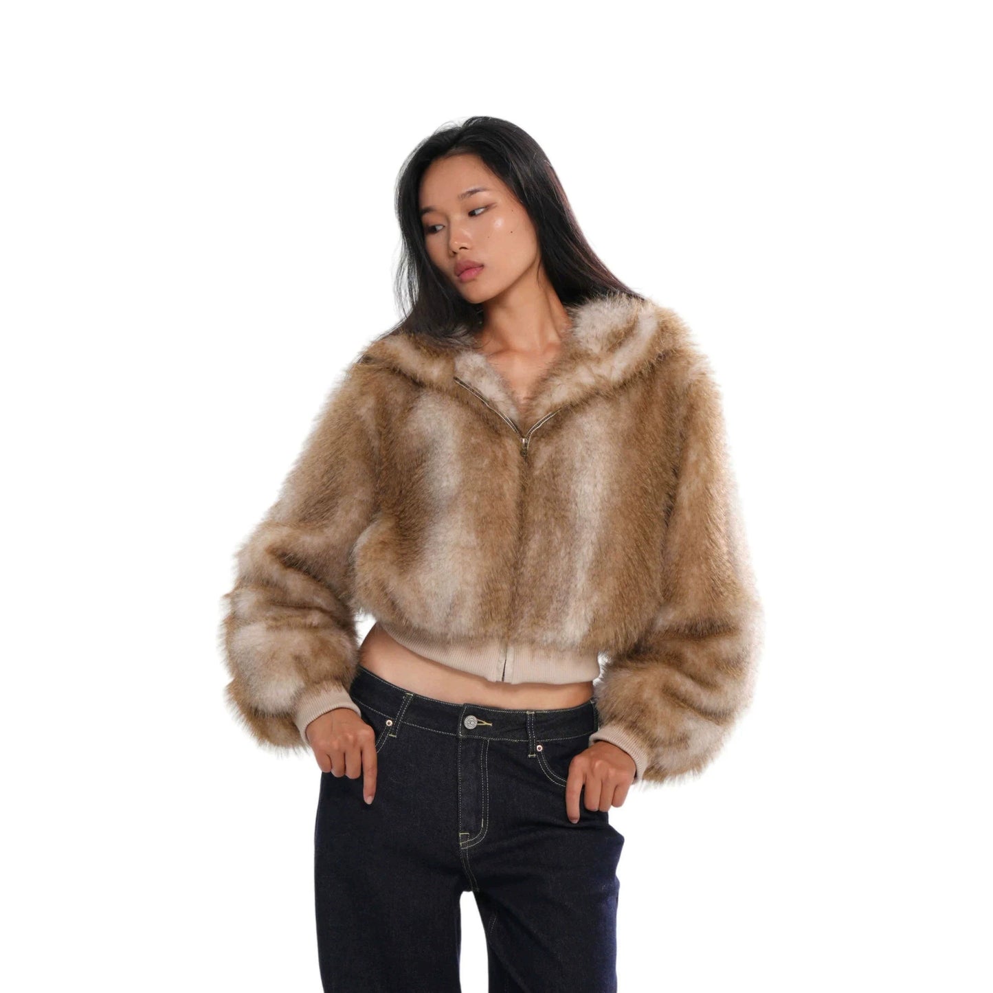Elegant Fox Pattern Zipper Coat Jacket In Polyester Fabric Featuring Practical Pockets