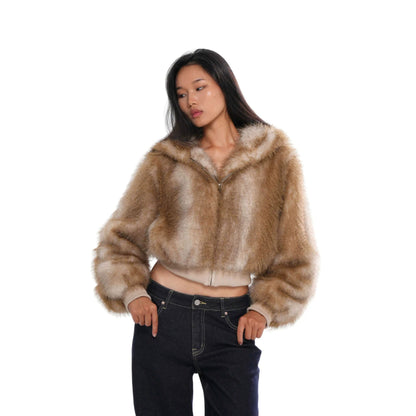 Elegant Fox Pattern Zipper Coat Jacket In Polyester Fabric Featuring Practical Pockets