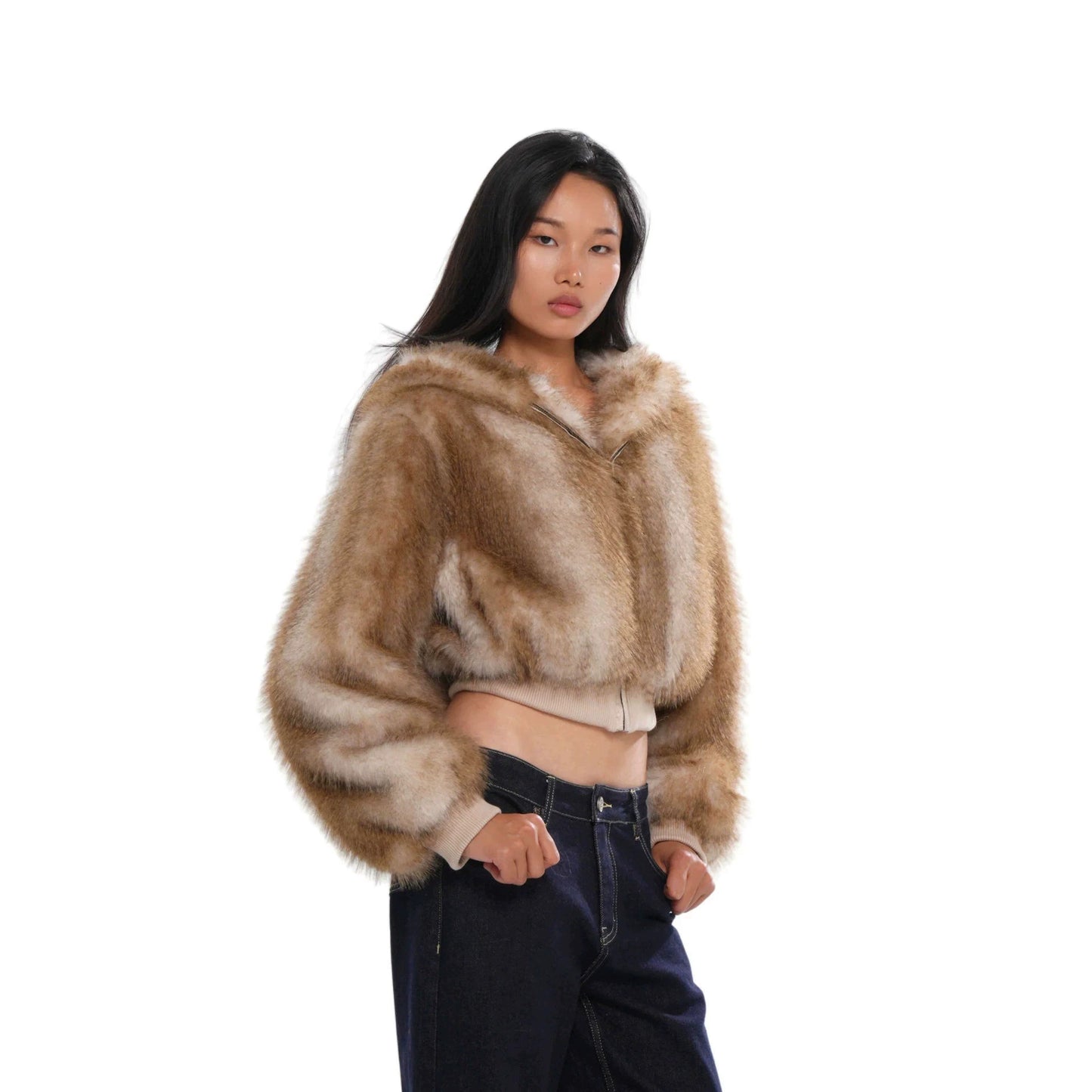 Elegant Fox Pattern Zipper Coat Jacket In Polyester Fabric Featuring Practical Pockets