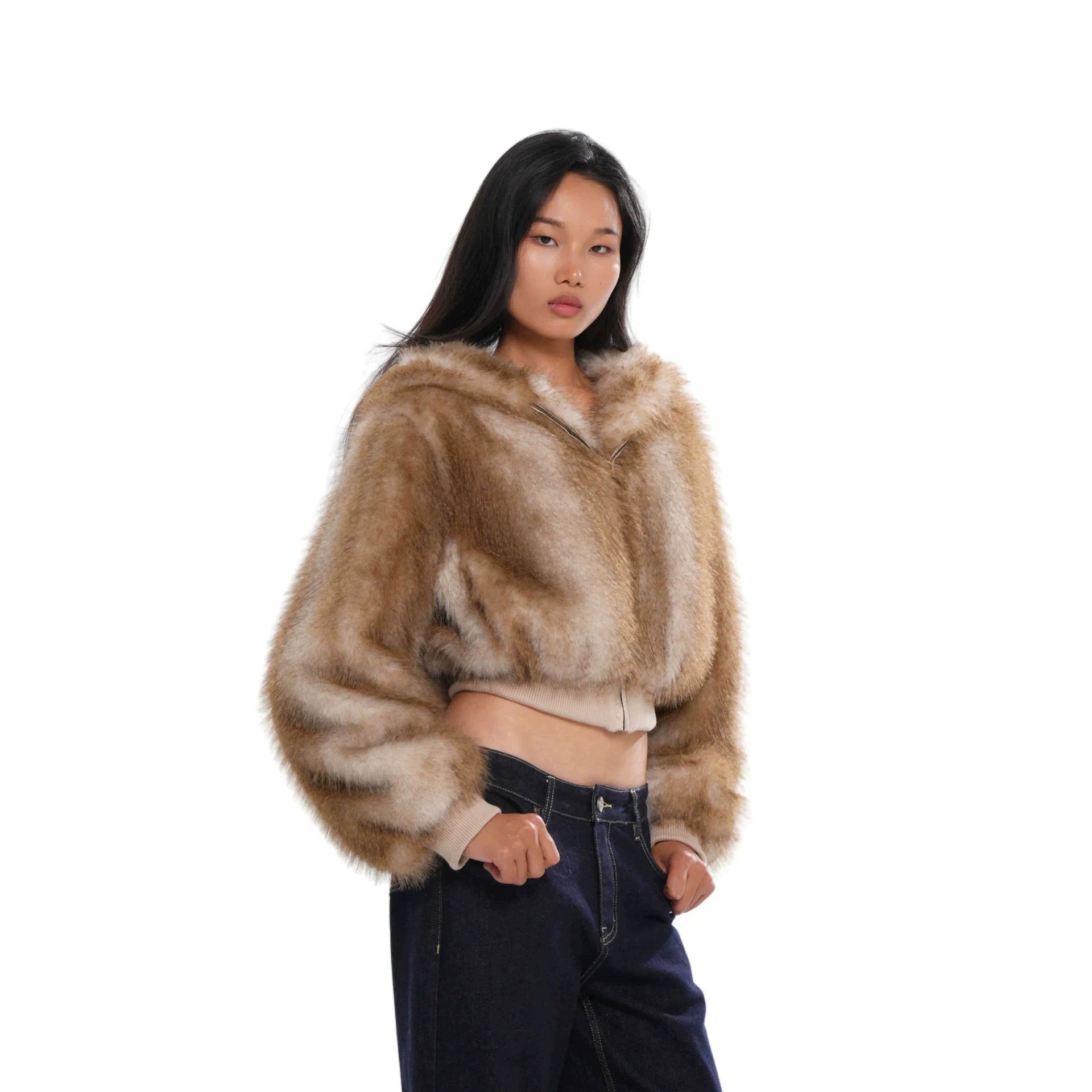 Elegant Fox Pattern Zipper Coat Jacket In Polyester Fabric Featuring Practical Pockets