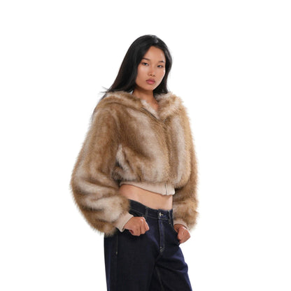 Elegant Fox Pattern Zipper Coat Jacket In Polyester Fabric Featuring Practical Pockets