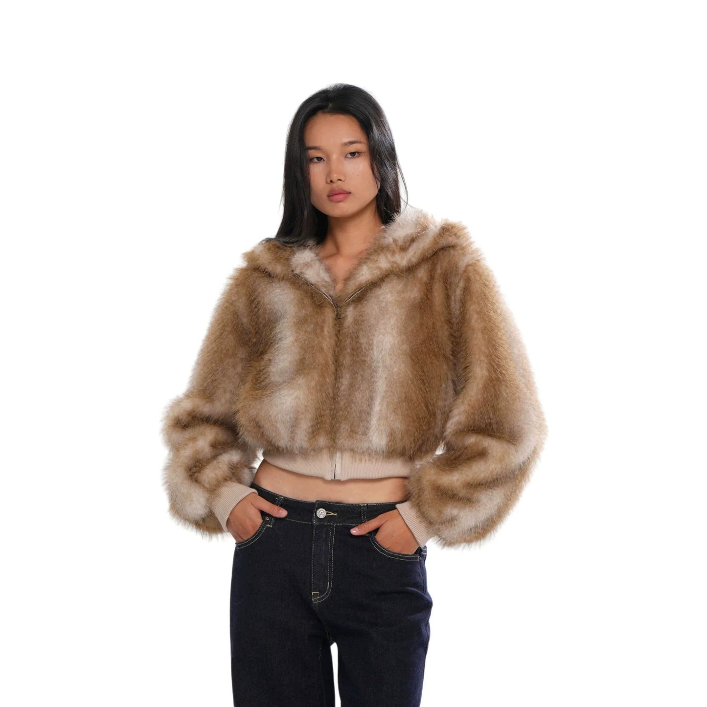 Elegant Fox Pattern Zipper Coat Jacket In Polyester Fabric Featuring Practical Pockets