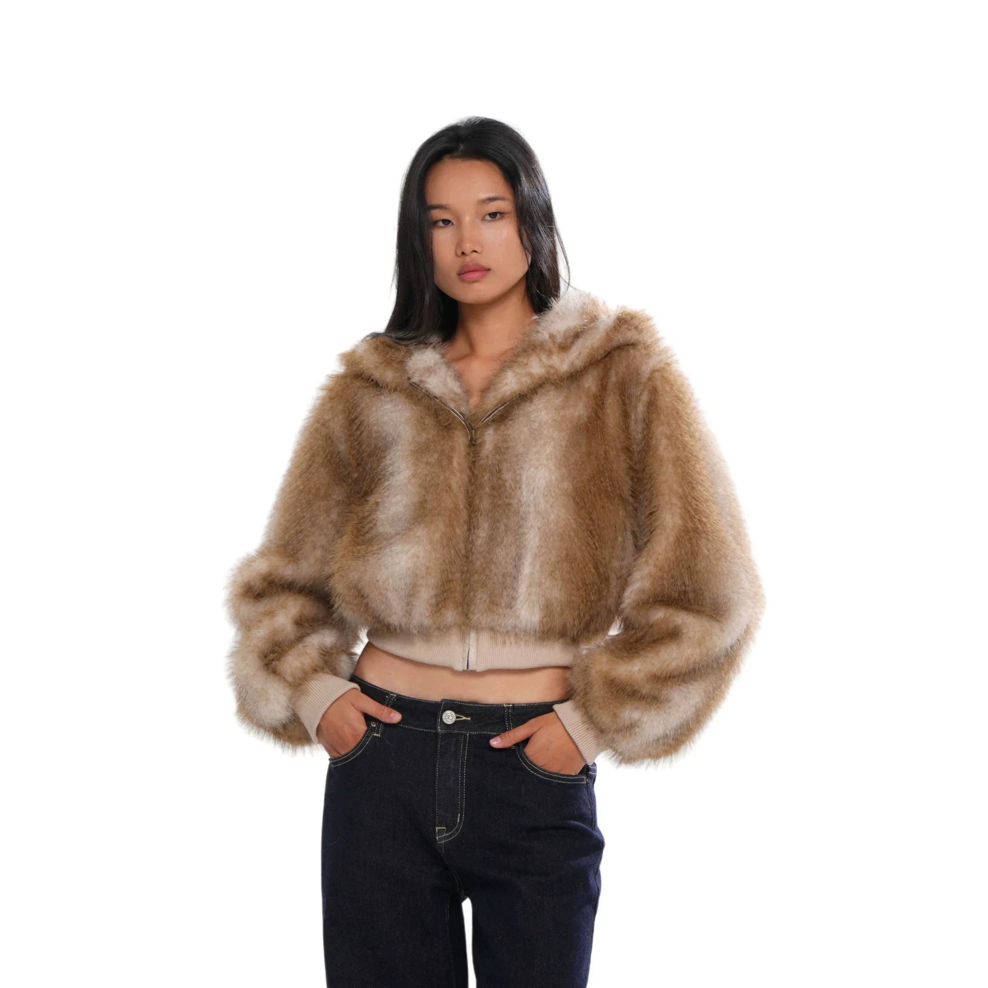 Elegant Fox Pattern Zipper Coat Jacket In Polyester Fabric Featuring Practical Pockets