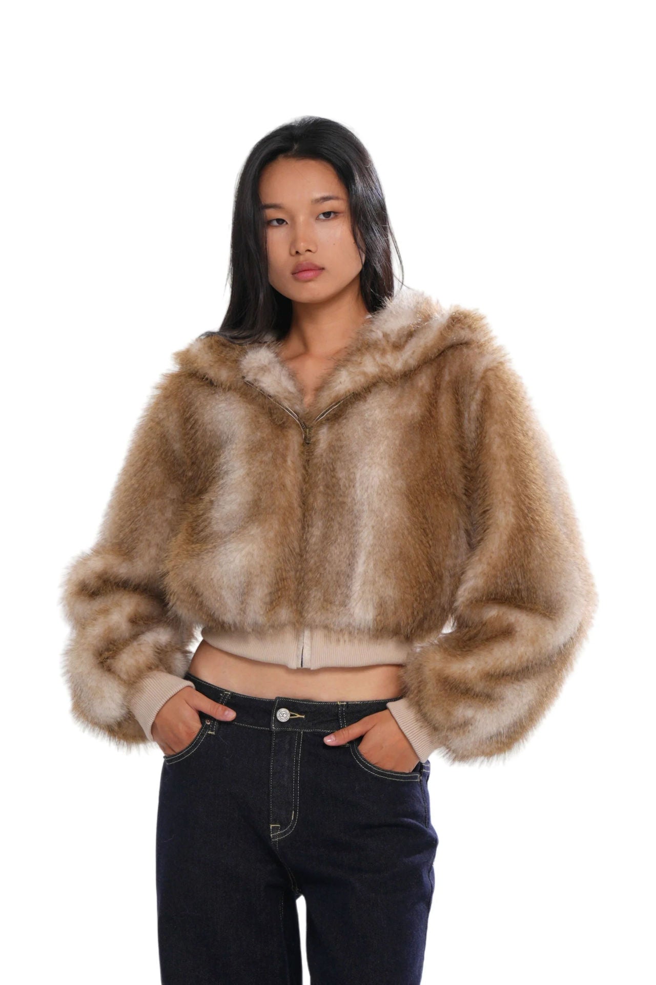 Elegant Fox Pattern Zipper Coat Jacket In Polyester Fabric Featuring Practical Pockets