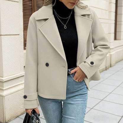 Solid Color Woolen Coat For Women In Polyester Fabric Featuring Double Breasted Design With Lapel Collar