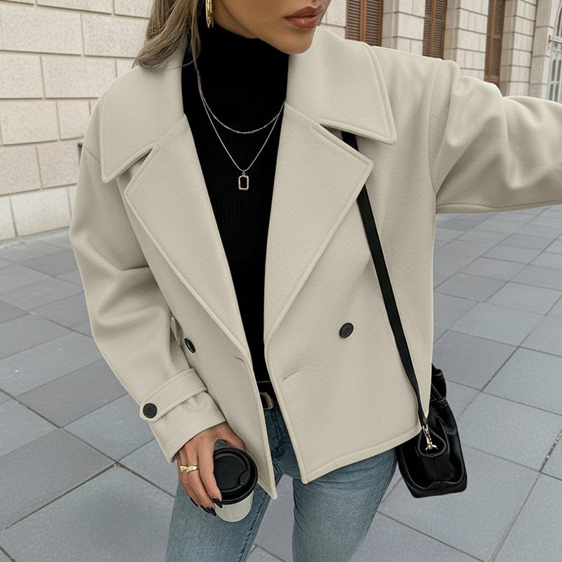 Solid Color Woolen Coat For Women In Polyester Fabric Featuring Double Breasted Design With Lapel Collar