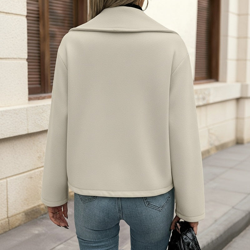 Solid Color Woolen Coat For Women In Polyester Fabric Featuring Double Breasted Design With Lapel Collar