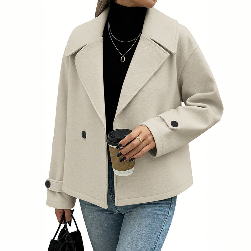 Solid Color Woolen Coat For Women In Polyester Fabric Featuring Double Breasted Design With Lapel Collar