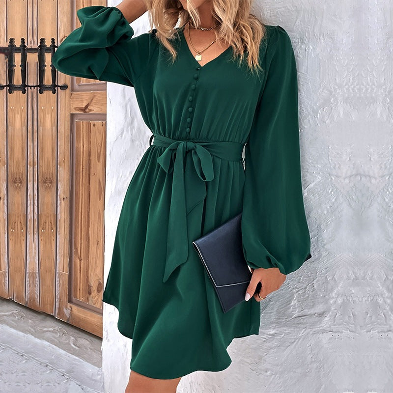 Solid Color Elegant Long Sleeve V Neck Regular Dress For Office In Polyester Fabric