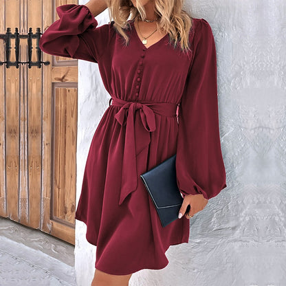 Solid Color Elegant Long Sleeve V Neck Regular Dress For Office In Polyester Fabric