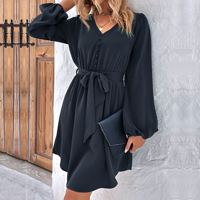 Solid Color Elegant Long Sleeve V Neck Regular Dress For Office In Polyester Fabric