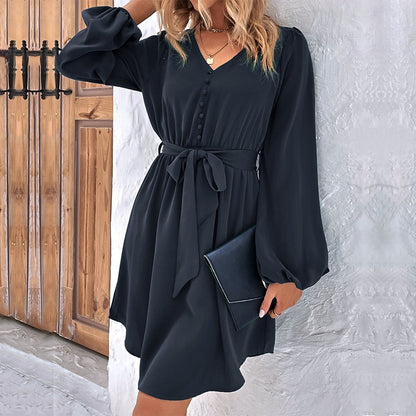 Solid Color Elegant Long Sleeve V Neck Regular Dress For Office In Polyester Fabric