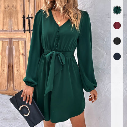 Solid Color Elegant Long Sleeve V Neck Regular Dress For Office In Polyester Fabric