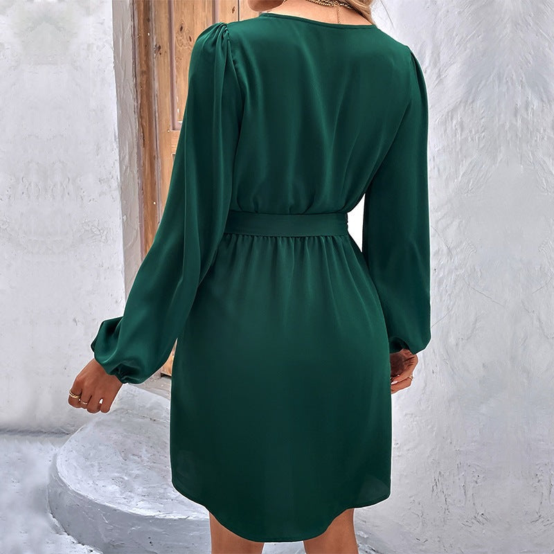 Solid Color Elegant Long Sleeve V Neck Regular Dress For Office In Polyester Fabric