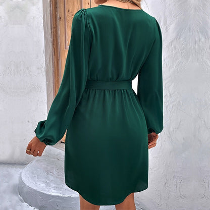 Solid Color Elegant Long Sleeve V Neck Regular Dress For Office In Polyester Fabric