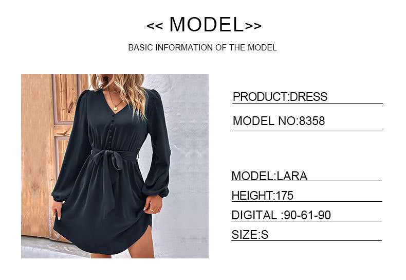 Solid Color Elegant Long Sleeve V Neck Regular Dress For Office In Polyester Fabric