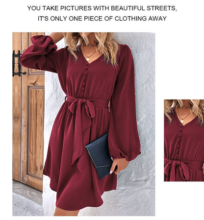 Solid Color Elegant Long Sleeve V Neck Regular Dress For Office In Polyester Fabric
