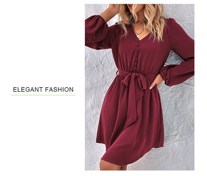 Solid Color Elegant Long Sleeve V Neck Regular Dress For Office In Polyester Fabric