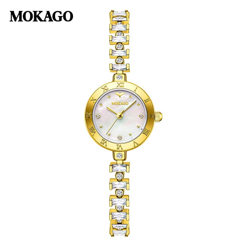 Women’s Quartz Watch With Copper Strap And Jewelry Buckle, Round Dial Featuring Tempered Glass Mirror