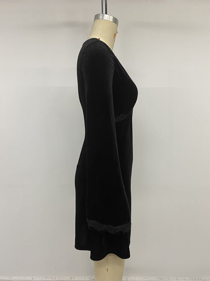 Vintage Style Solid Color Lace Dress With Long Sleeve And V Neck, Perfect For Date Occasion