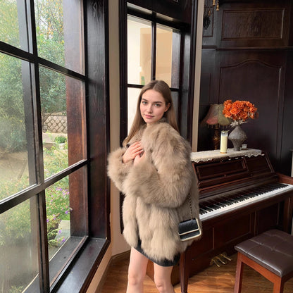 British Style Solid Color Faux Fur Coat With Hidden Buckle Placket, Lapel Collar, Long Sleeve, Made Of Polyester
