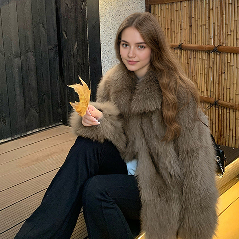 British Style Solid Color Faux Fur Coat With Hidden Buckle Placket, Lapel Collar, Long Sleeve, Made Of Polyester