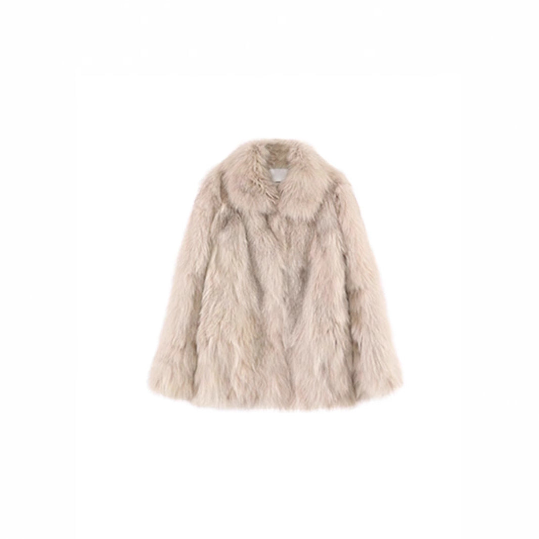 British Style Solid Color Faux Fur Coat With Hidden Buckle Placket, Lapel Collar, Long Sleeve, Made Of Polyester