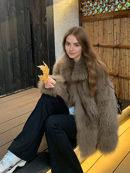 British Style Solid Color Faux Fur Coat With Hidden Buckle Placket, Lapel Collar, Long Sleeve, Made Of Polyester