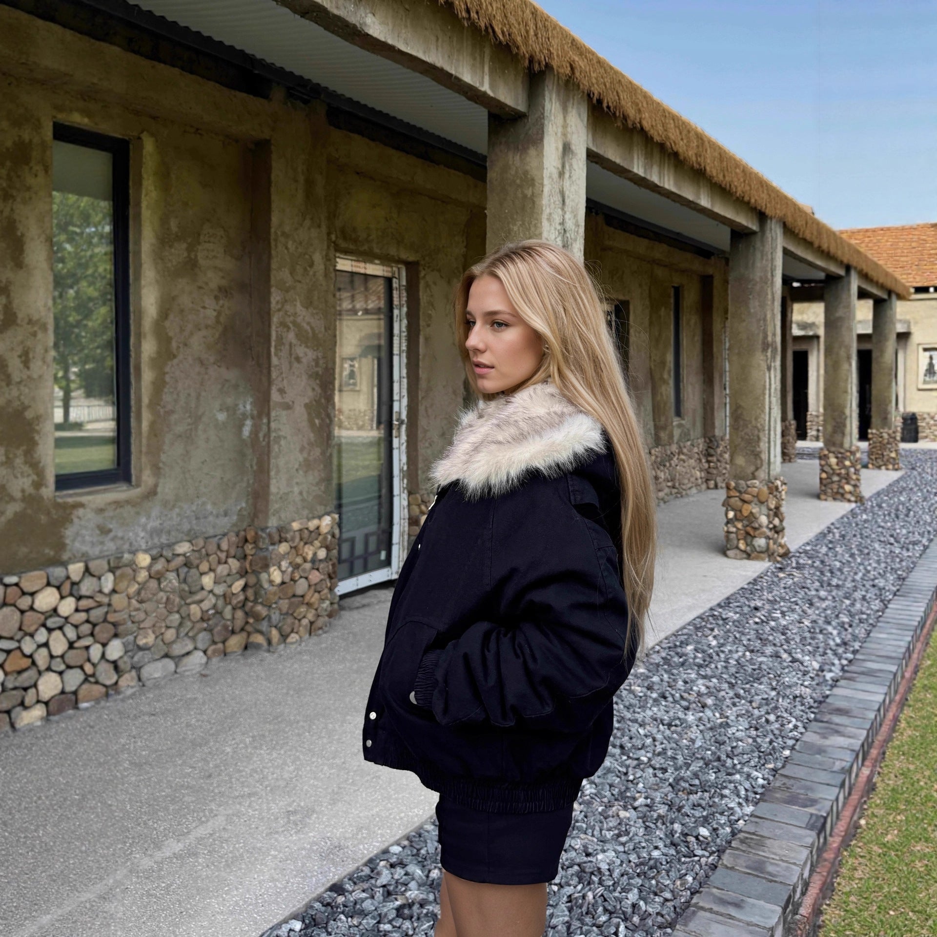 British Style Faux Fur Coat With Pocket Detail, Hooded Design, Made From Polyester Fabric