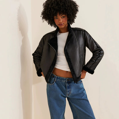 Punk Solid Color Women's Leather Jacket In PU Fabric Featuring Zipper Placket