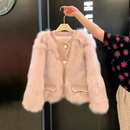 Elegant Pocket Faux Fur Coat With Round Neck In Warm Polyester Fabric