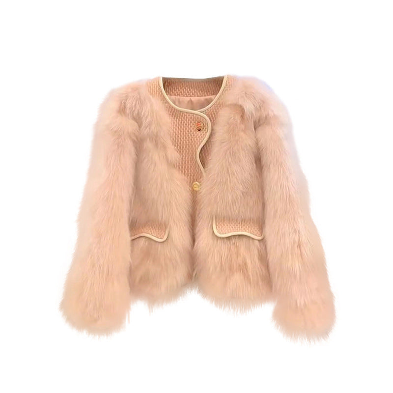 Elegant Pocket Faux Fur Coat With Round Neck In Warm Polyester Fabric