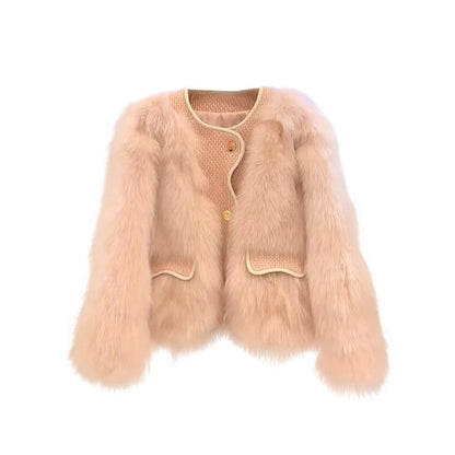 Elegant Pocket Faux Fur Coat With Round Neck In Warm Polyester Fabric