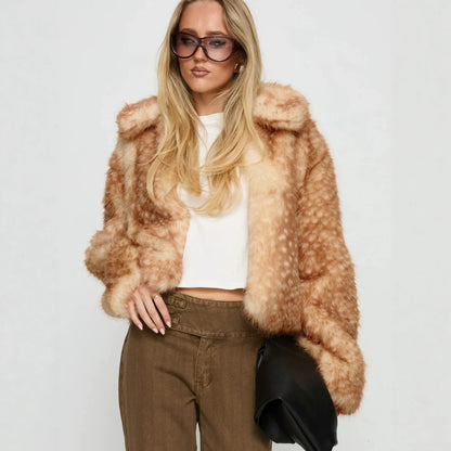 Vintage Style Deer Faux Fur Coat With Contrast Faux Fur Detail In Polyester Fabric, Featuring Lapel Collar