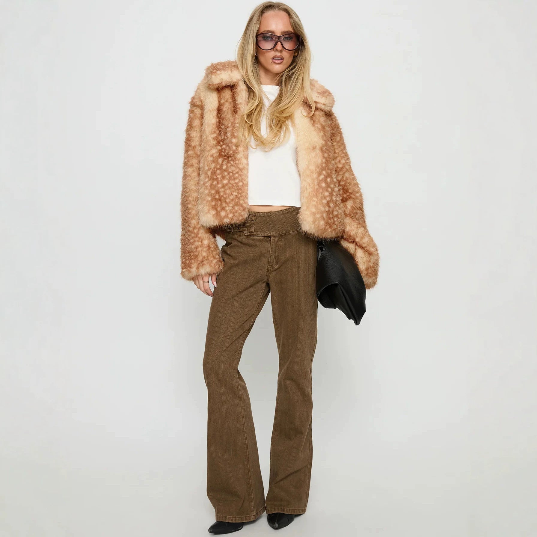Vintage Style Deer Faux Fur Coat With Contrast Faux Fur Detail In Polyester Fabric, Featuring Lapel Collar