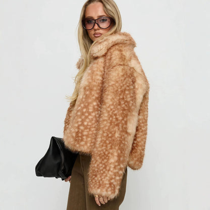 Vintage Style Deer Faux Fur Coat With Contrast Faux Fur Detail In Polyester Fabric, Featuring Lapel Collar