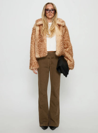 Vintage Style Deer Faux Fur Coat With Contrast Faux Fur Detail In Polyester Fabric, Featuring Lapel Collar