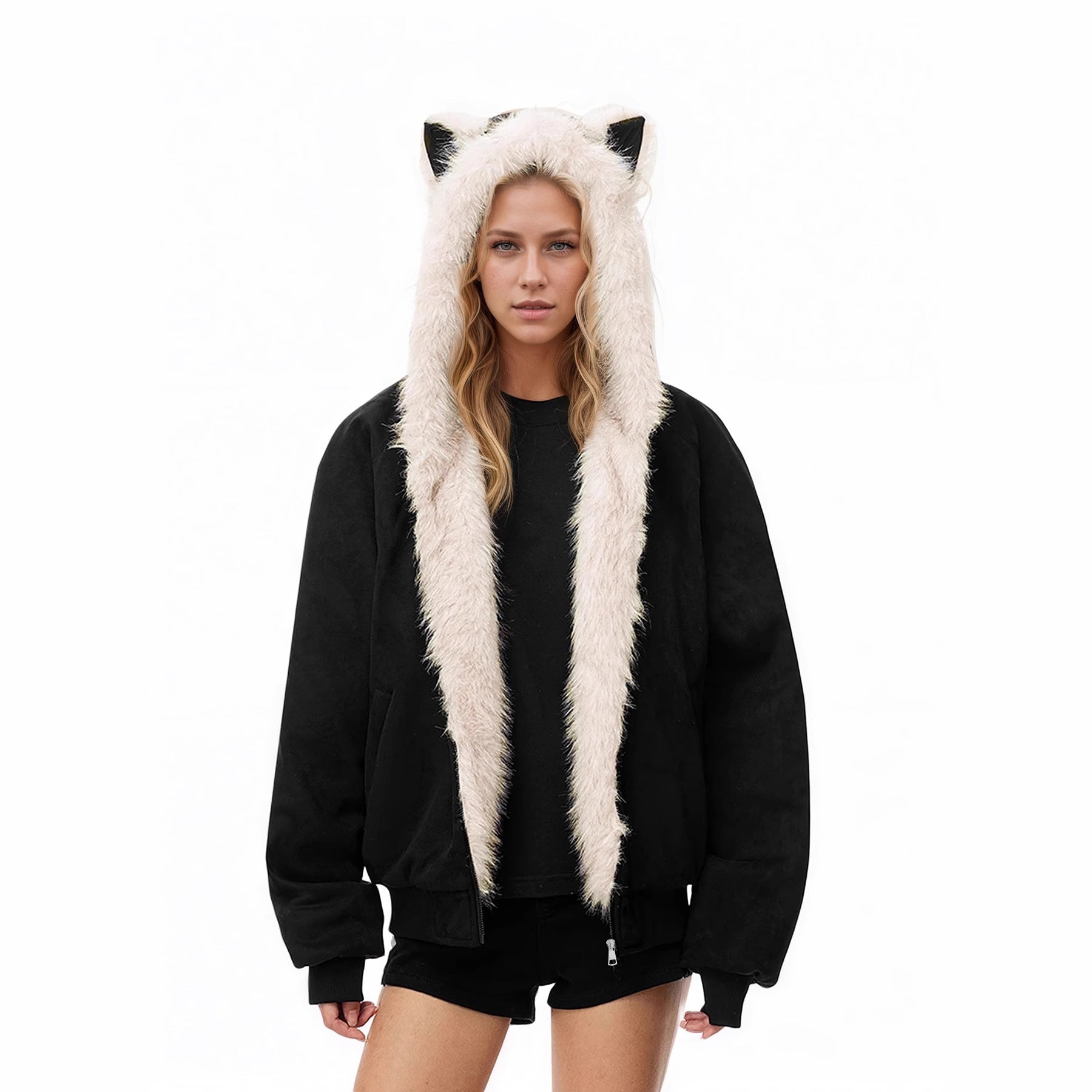 British Style Solid Color Coat Jacket In Polyester Fabric With Hooded Collar And Pocket Design