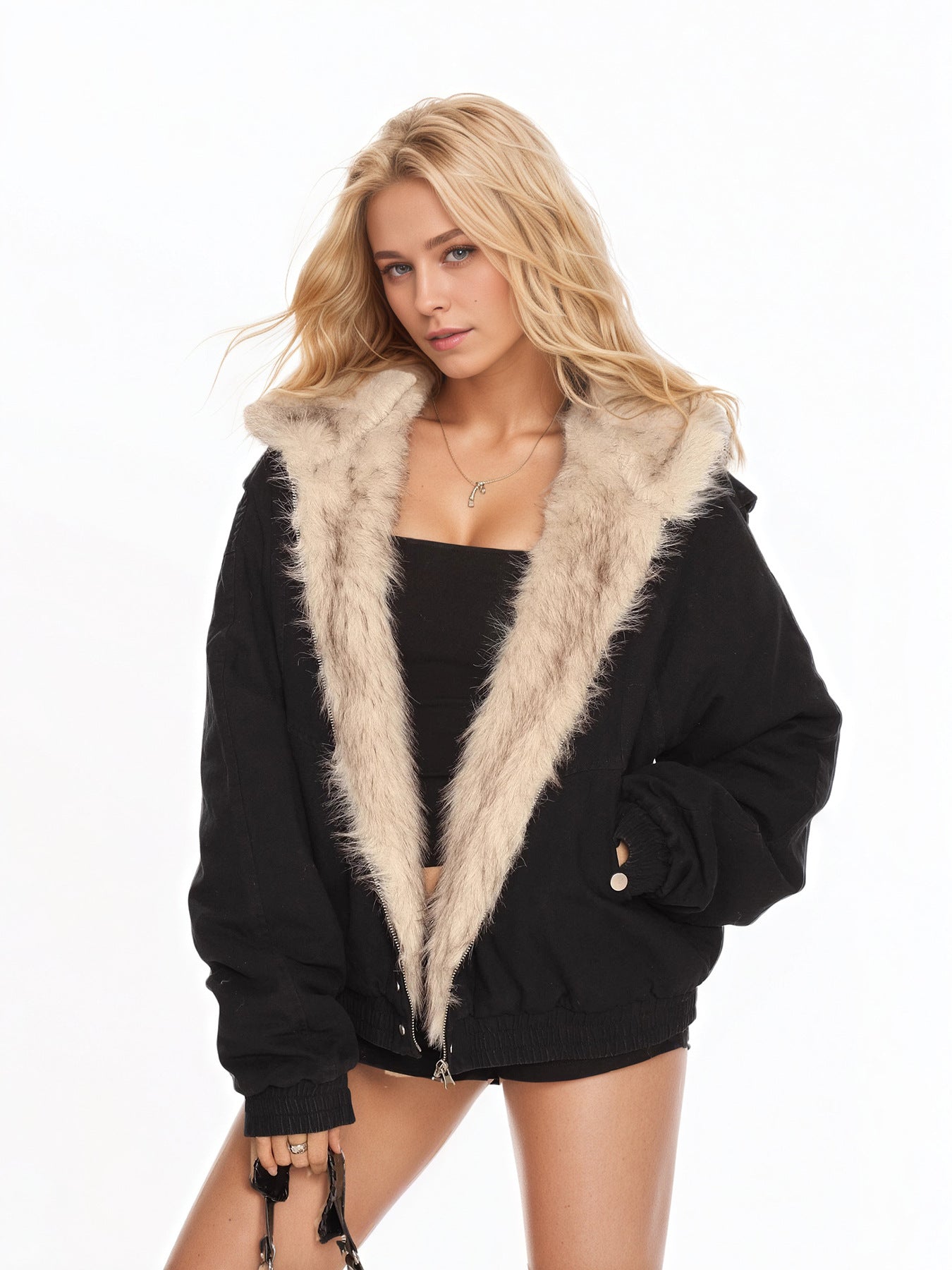 British Style Solid Color Coat Jacket In Polyester Fabric With Hooded Collar And Pocket Design