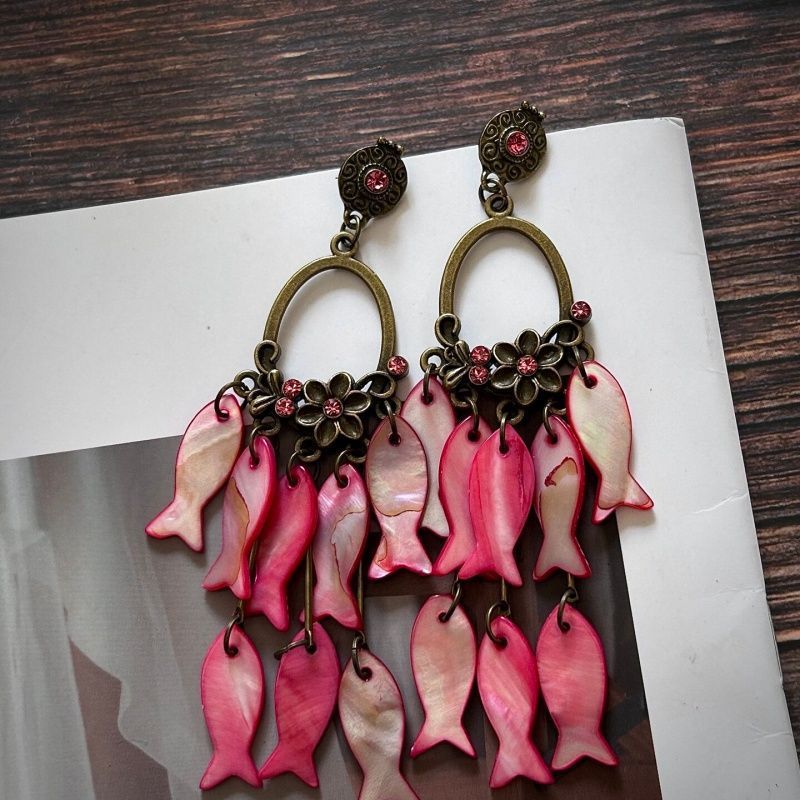 Natural Pink Tassel Fish Drop Earrings For Women With 304 Stainless Steel Studs, Alloy Craft