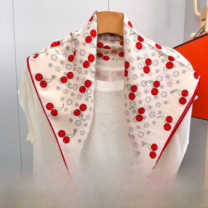 Cherry Cartoon Style Silk Scarf For Women In White, Perfect For Summer Wear