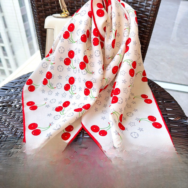 Cherry Cartoon Style Silk Scarf For Women In White, Perfect For Summer Wear