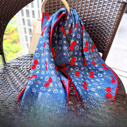 Cherry Cartoon Style Silk Scarf For Women In White, Perfect For Summer Wear