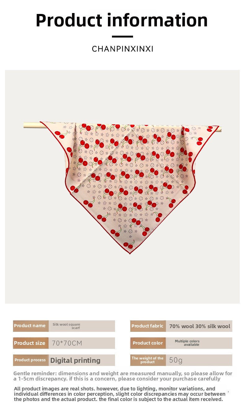 Cherry Cartoon Style Silk Scarf For Women In White, Perfect For Summer Wear