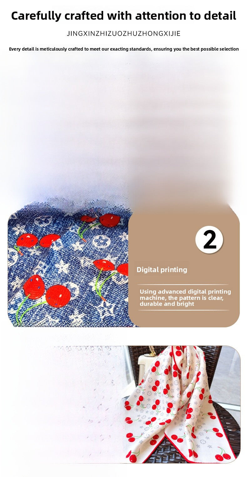 Cherry Cartoon Style Silk Scarf For Women In White, Perfect For Summer Wear