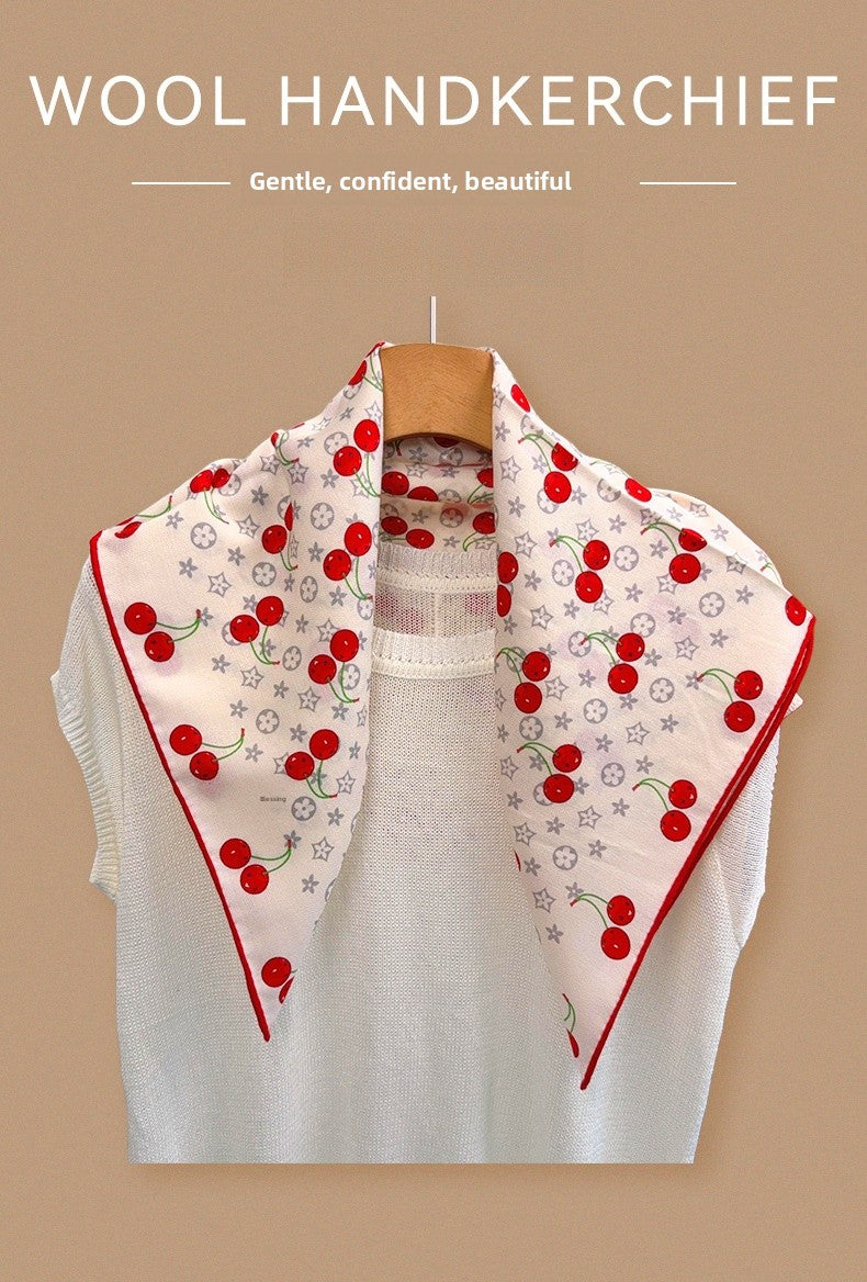 Cherry Cartoon Style Silk Scarf For Women In White, Perfect For Summer Wear